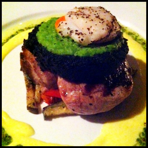 Old Spot Pork with Black Pudding, Scallop, and Pea Puree
