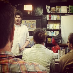 Zak Sally talking at Quimby's. Eisner Award Nominee Sally also played bass for the Dirty Three.