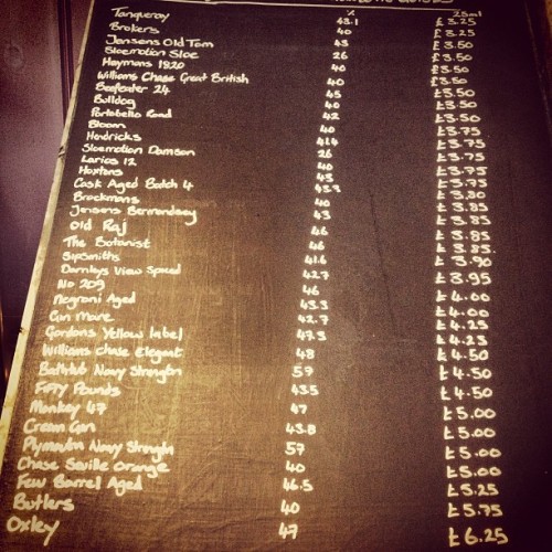 The Lazy Lounge gin list