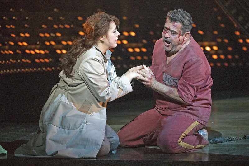 Giselle Allen as Tosca and Rafael Rojas as Cavaradossi in Opera North’s production of Puccini’s Tosca (Photo credit: Richard H Smith)