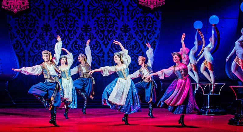 Dancers Richard Bermange, Joshua Donald, Diana Girbau, Chloe Murray, Rebecca Scanlon and Marco Venturini in Opera North’s The Merry Widow [Photo credit: Robert Workman]