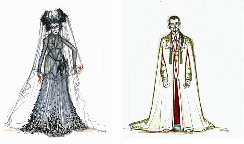 ostume designs for The Magic Flute - Queen of the Night (left) and Sarastro (Courtesy of Colin Richmond)