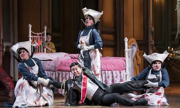 Helen Évora, Kang Wang, Lorna James and Amy J Payne in Opera North's The Magic Flute. Photo: Alastair Muir. 