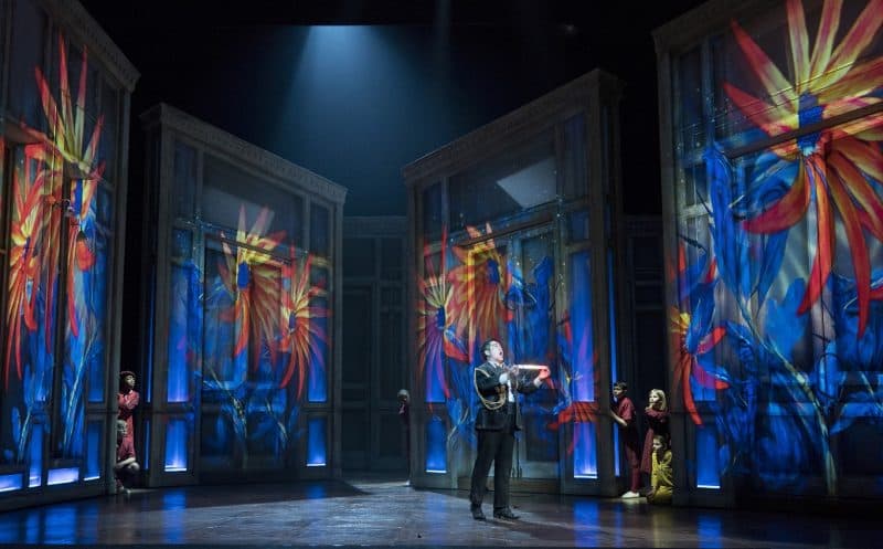 Kang Wang with Francesca Bridge-Zakers, Alexander Wilson, Myles Lynch-Swift, Jake Thomas, Mae Brown and Madeleine Barker in OPera North's The Magic Flute. Photo: Alastair Muir 